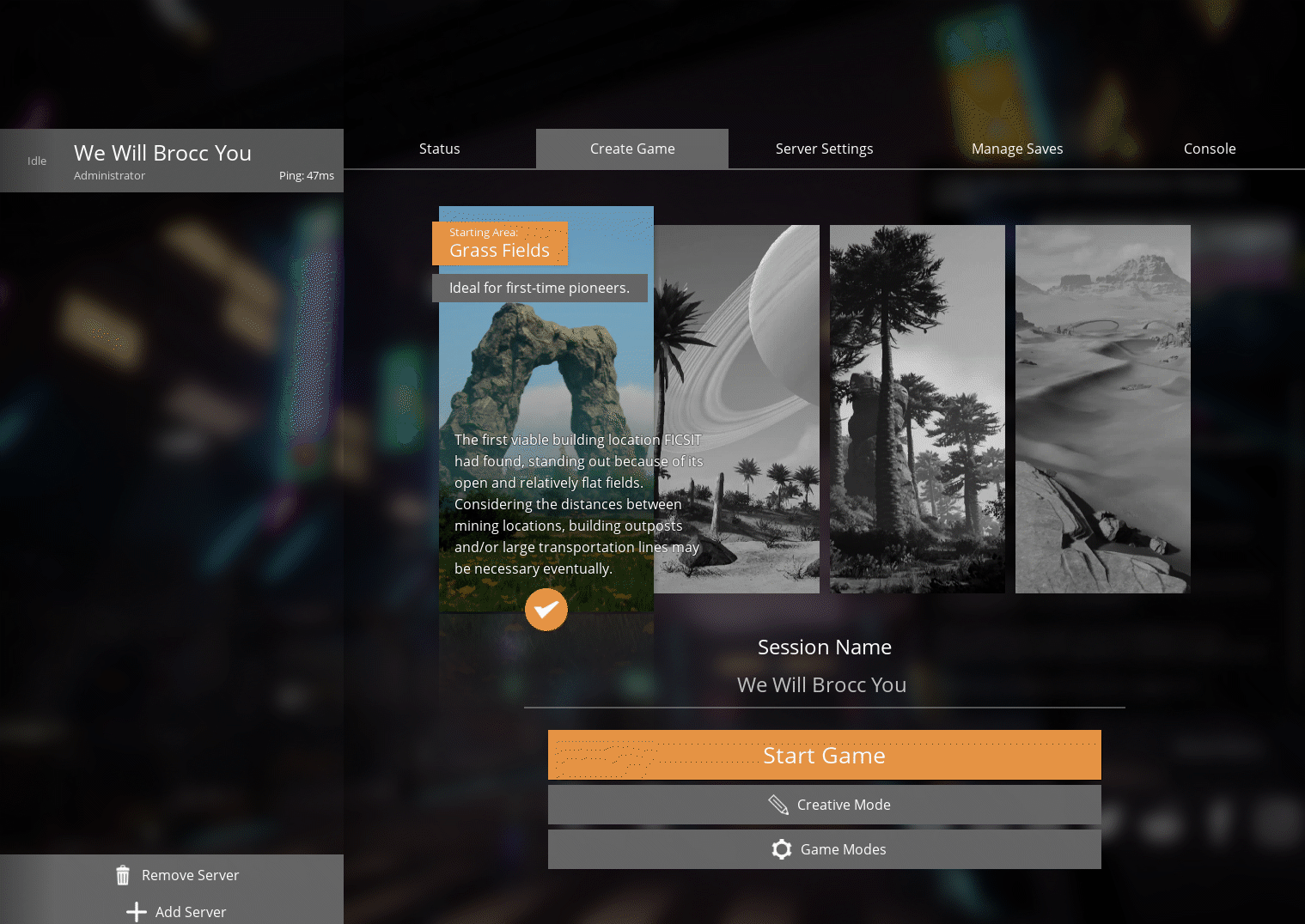 Satisfactory Server Manager showing the Create Game tab