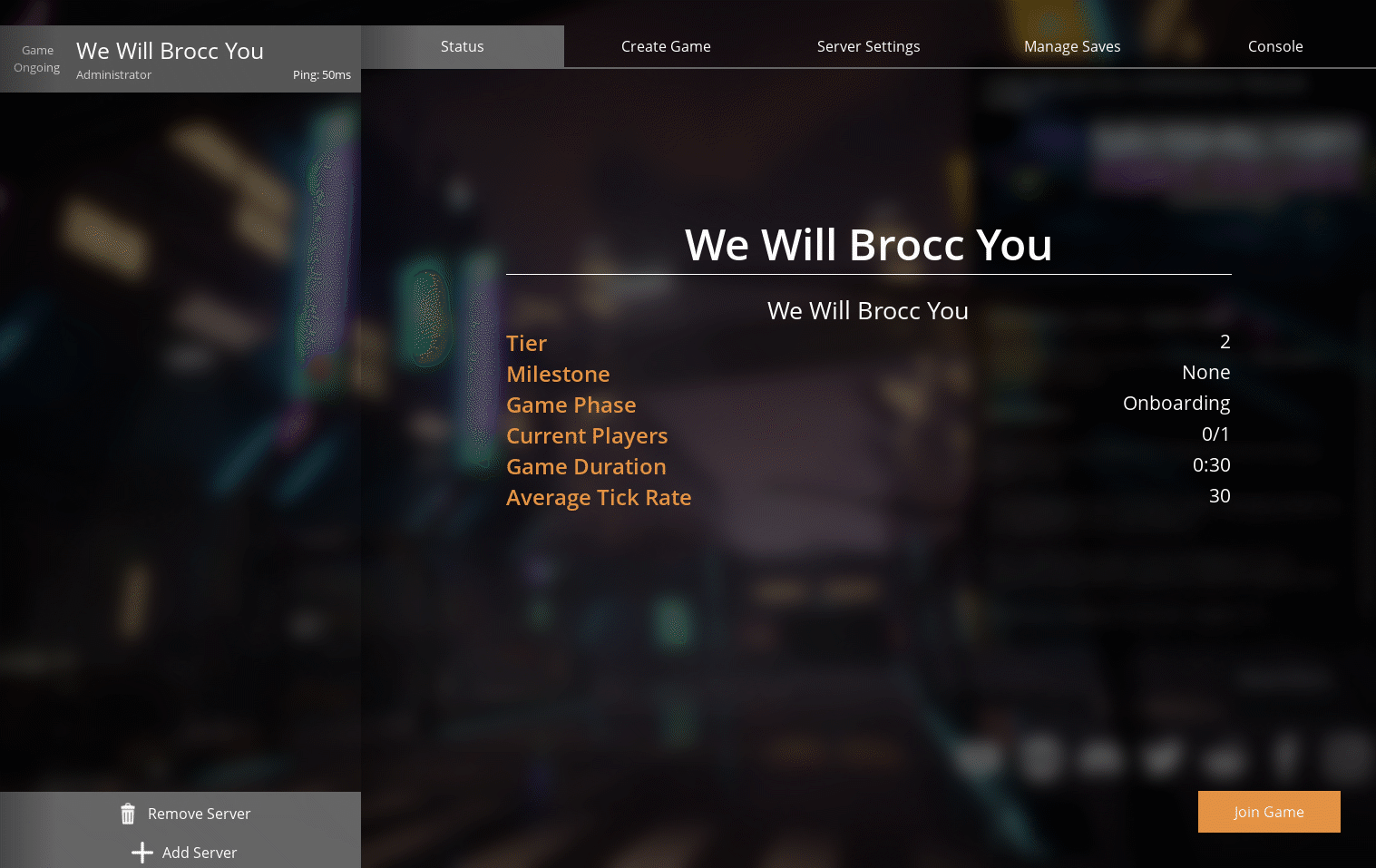 Satisfactory Server Manager showing the Join Game option