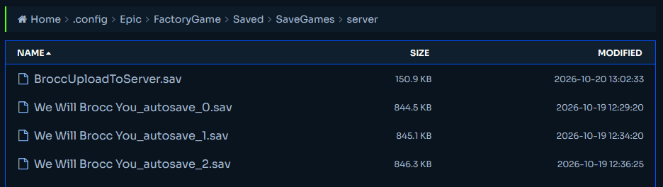 Indifferent Broccoli File Manager showing the Satisfactory save file upload process