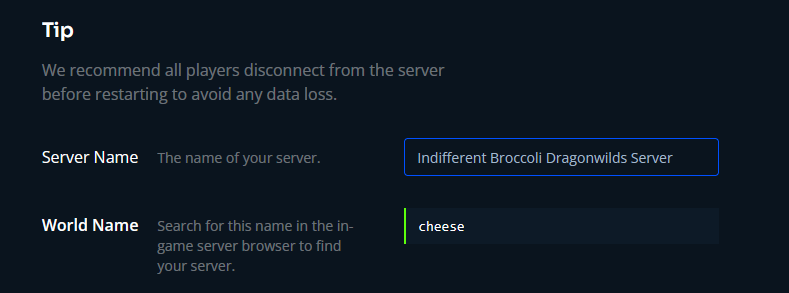 Indifferent Broccoli Dashboard showing RS Dragonwilds World Name and Server Name