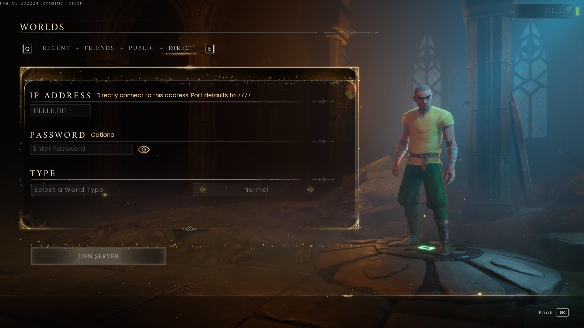 Runescape Dragonwilds page showing where to input game server IP and Port
