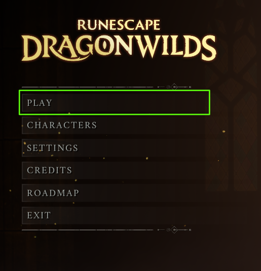 Runescape Dragonwilds Main Menu, with a green highlight showing the play button