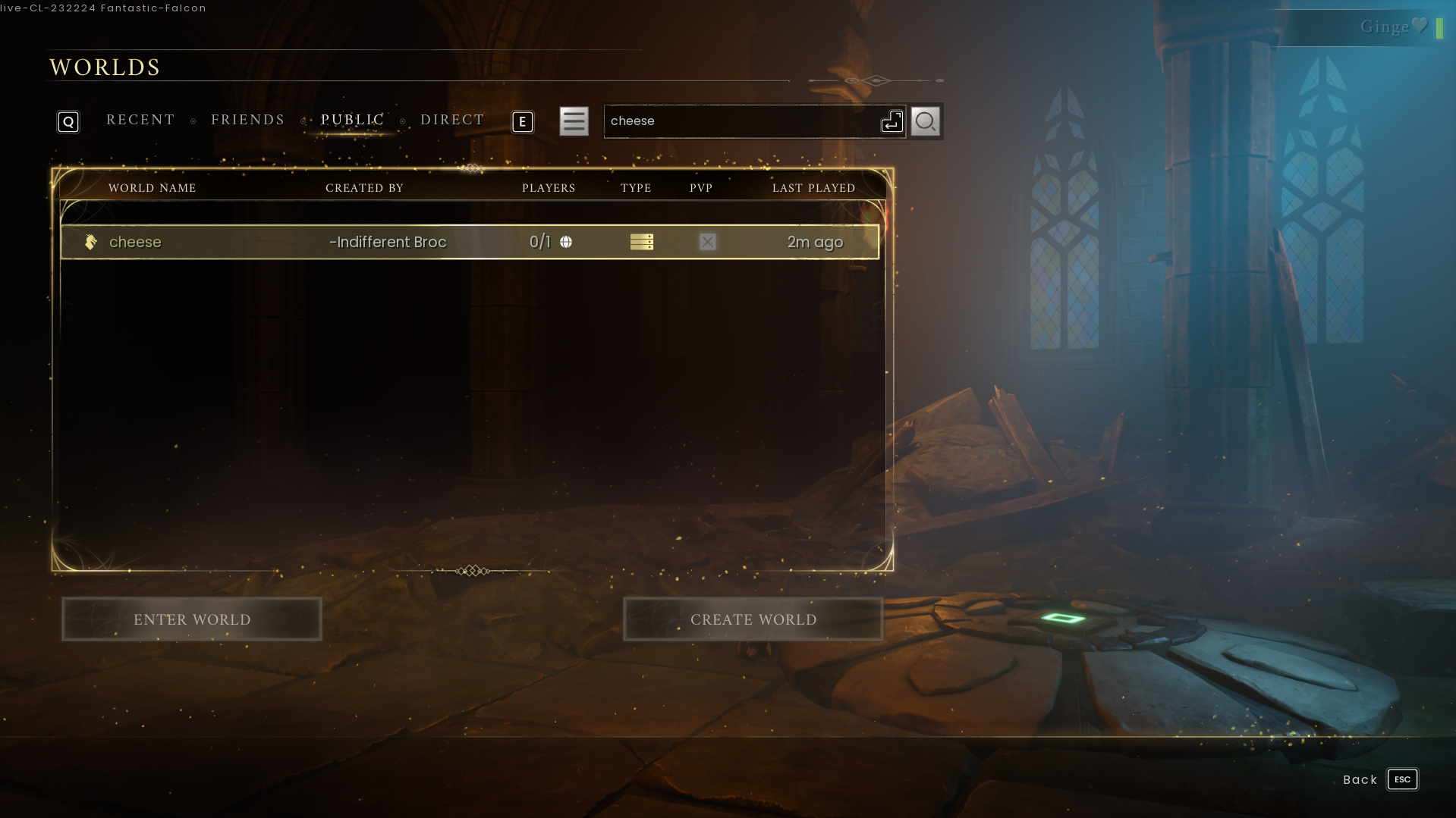 Runescape Dragonwilds search showing a world named Cheese