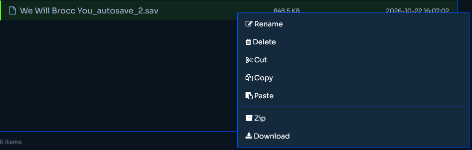 File Manager context menu showing the Download option for a Satisfactory save