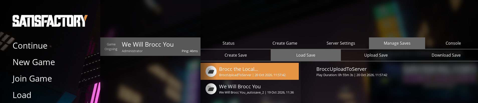 Satisfactory Server Manager showing the Load Save tab
