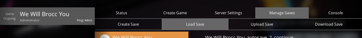 Satisfactory Server Manager showing the Manage Saves and Load Save options