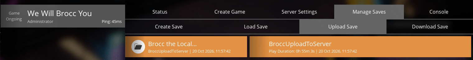 Satisfactory screen for selecting a save file to upload to the server