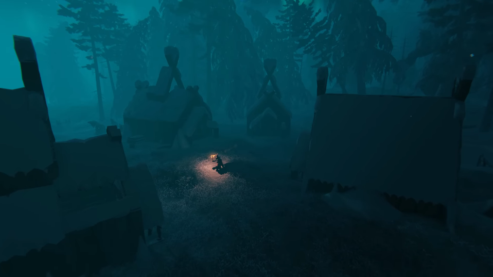 A torchlit figure approaches snow-covered structures in an abandoned Deep North village at night