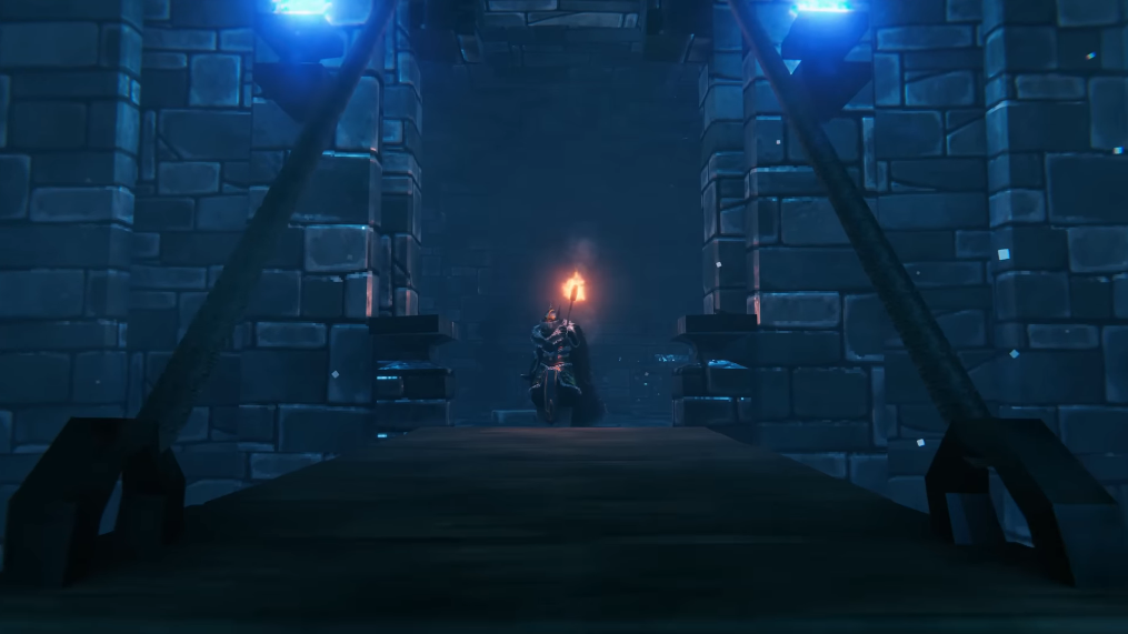 New drawbridge building piece in the Deep North, guarded by a torch-bearing figure