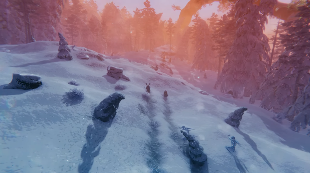 Snow-covered Deep North hillside at sunrise, with wildlife visible in the distance