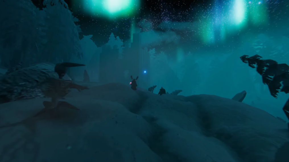 Deep North snowfields at night under the aurora, with distant wildlife silhouettes