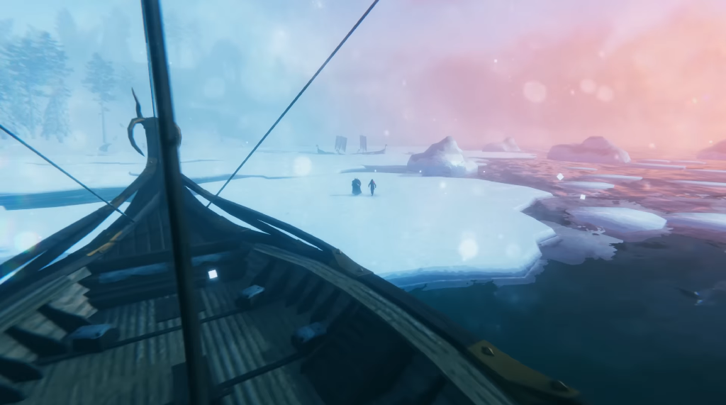 Floating ice sheets in Deep North waters, seen from a longship's bow
