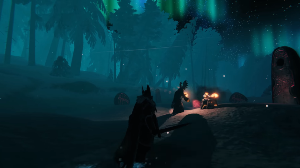 Two vikings exploring the Deep North forest at night near a campfire and a standing stone, aurora overhead