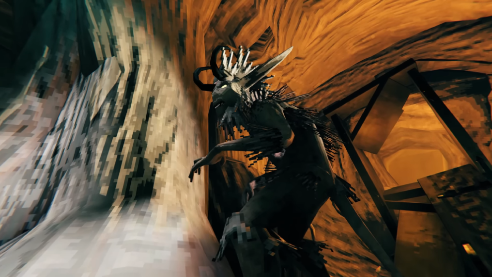 Elaking enemy, a shaggy horned creature, inside the Winding Tunnels