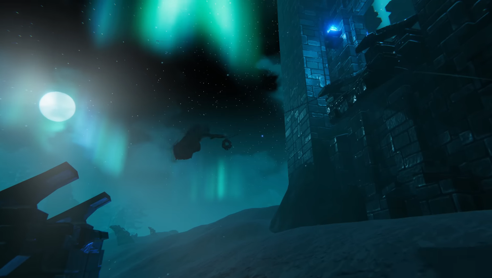 Player using the new grappling hook to swing toward a fortress tower in the Deep North at night