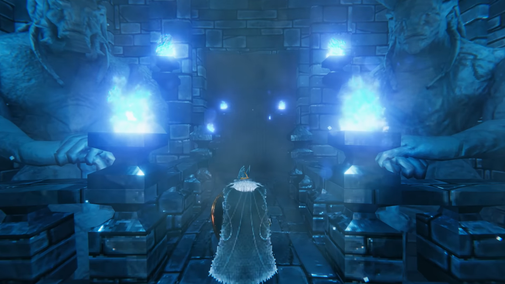 Fortress interior with stone guardian statues and blue flame torches, likely the Gates of Mörkhalla dungeon