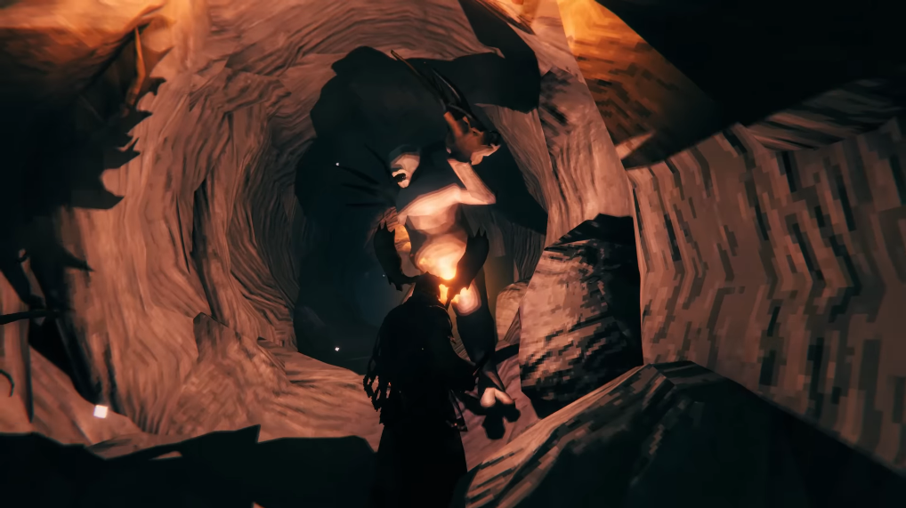 A pale, clawed enemy looms above a player inside the Winding Tunnels dungeon