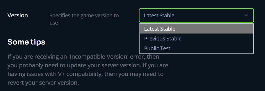 Version selection dropdown menu for a Valheim server