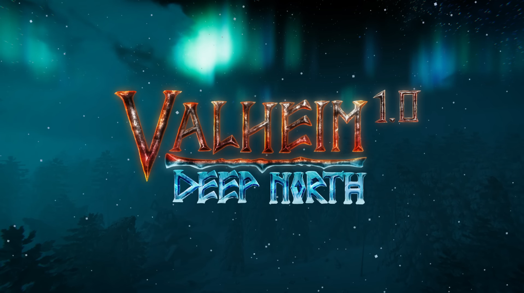 Valheim 1.0 Deep North title card over a snow-covered forest with aurora borealis in the sky